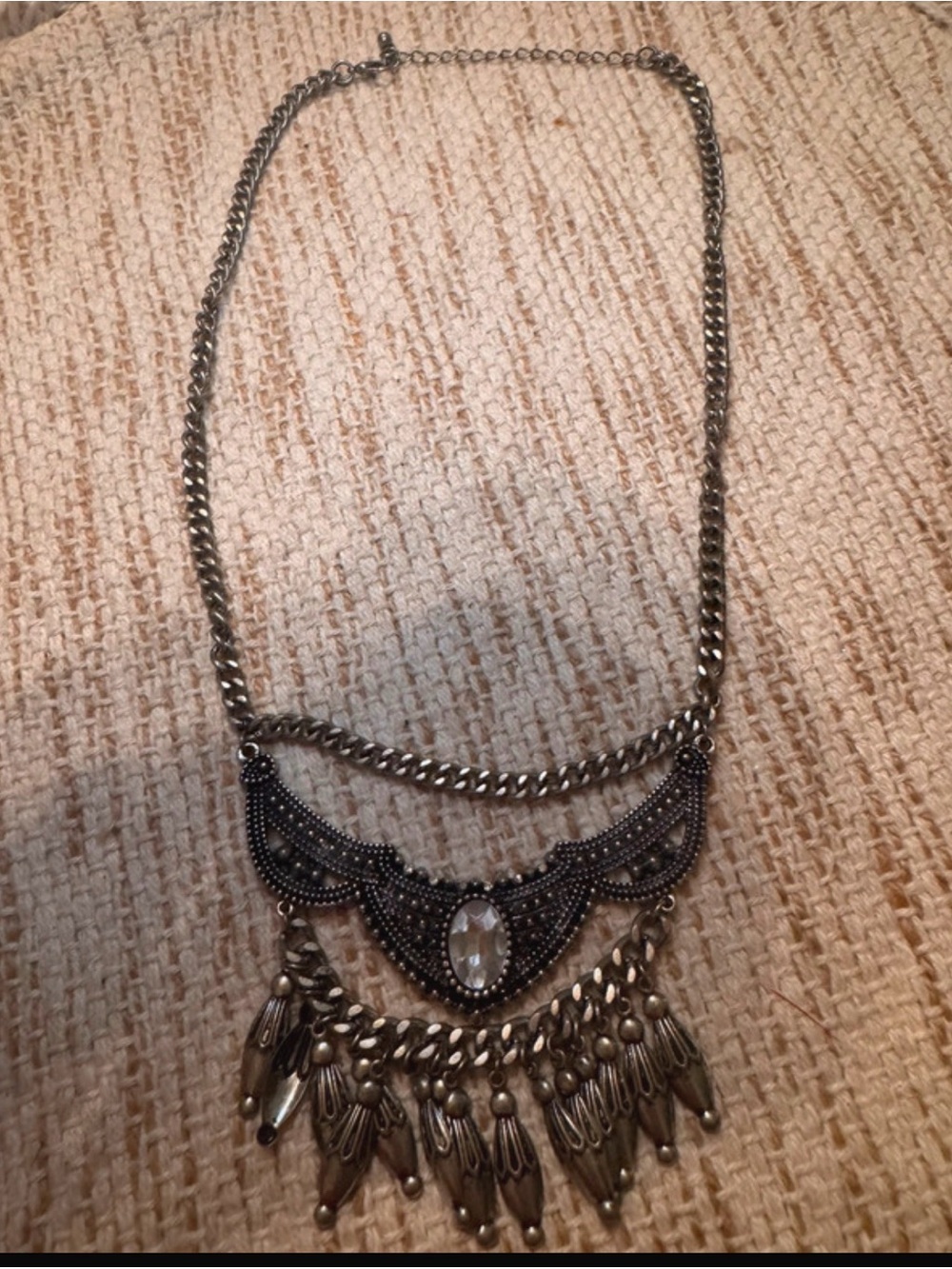 Silver-Tone Boho Statement Necklace with Clear Crystal Accent